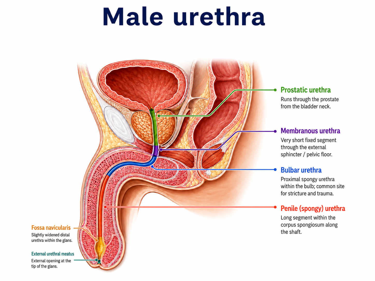 Male urethra diagram showing prostatic, membranous, bulbar, penile, fossa navicularis and external urethral meatus segments
